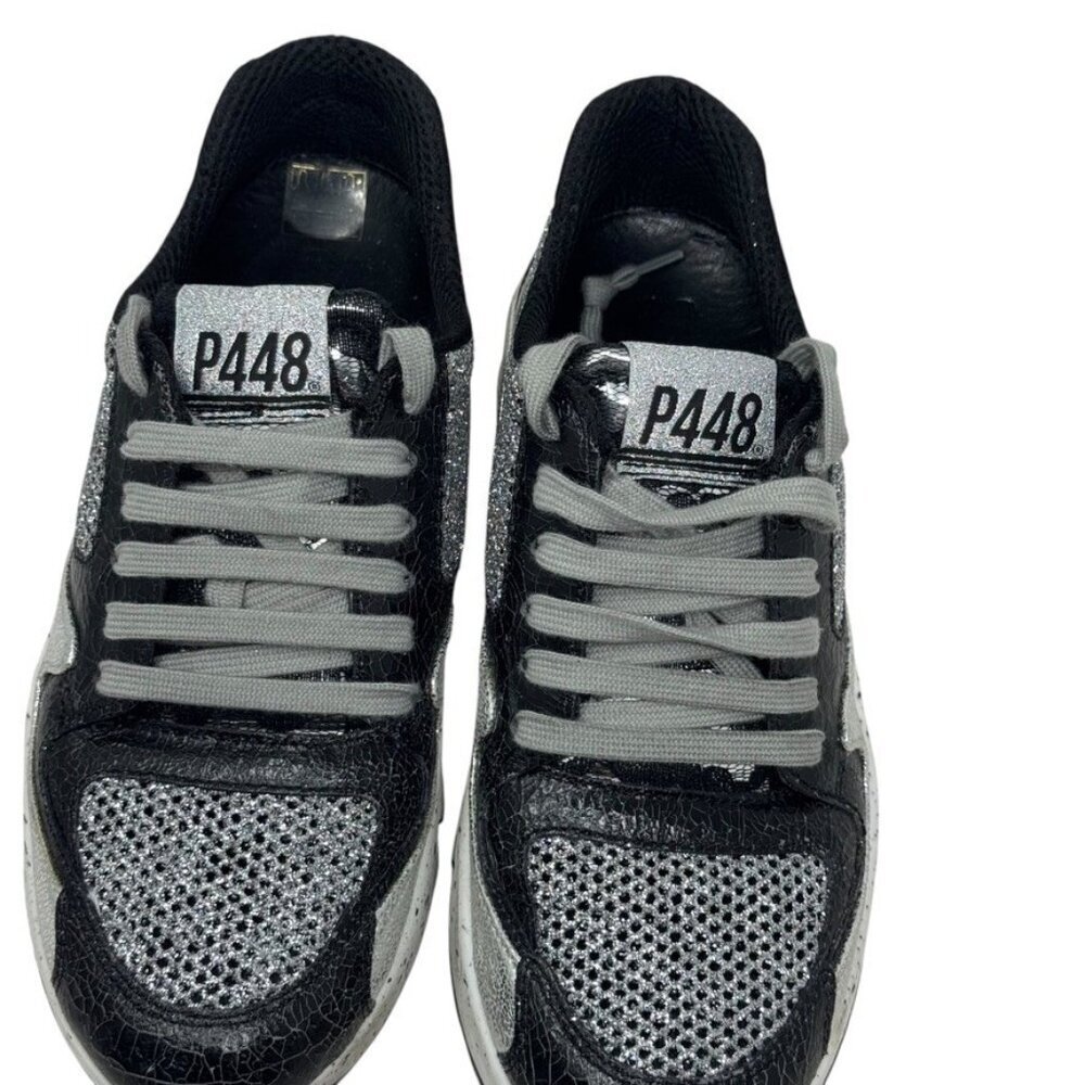 P448 Women’s Size 37 Black Silver Glitter Mesh Chunky Sneakers - Picture 3 of 14